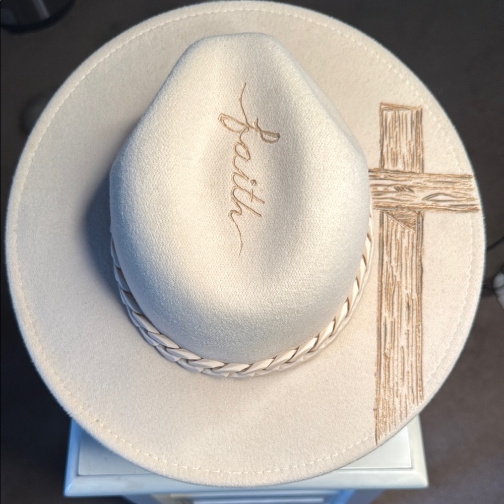 Cream Hat with Faith Script and Cross Accent